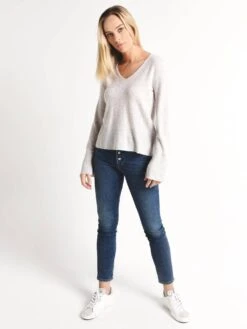 White+Warren Cashmere Slit Sleeve Tweed V Neck -ST.BERNARD Clothing 17741x pebbletweedalt3