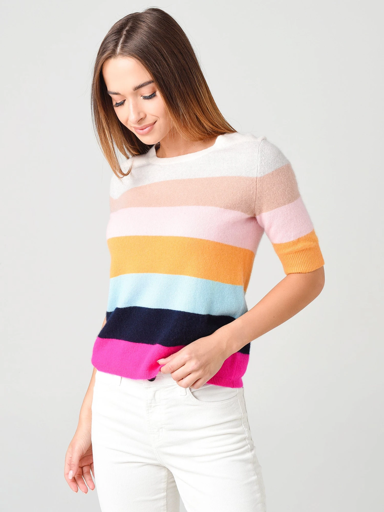 White + Warren Women's Cashmere Striped Elbow Sleeve Tee 2 White + Warren Women's Cashmere Striped Elbow Sleeve Tee - Image 2