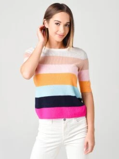 White + Warren Women's Cashmere Striped Elbow Sleeve Tee