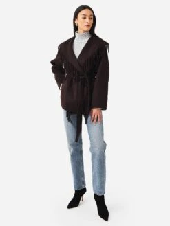 Simkhai Women's Rowen Wool Fringe Lapel Coat -ST.BERNARD Clothing 522 7014 N SOLIDxCHOCOLATExAlt2 78958647
