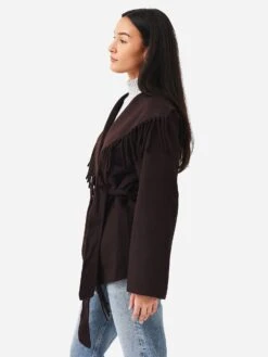 Simkhai Women's Rowen Wool Fringe Lapel Coat -ST.BERNARD Clothing 522 7014 N SOLIDxCHOCOLATExAlt3 78958648