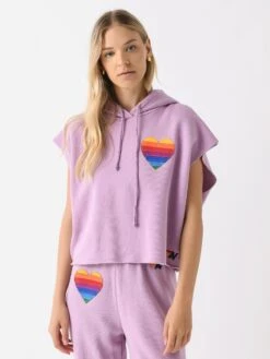 Aviator Nation Women's Rainbow Heart Stitch Sleeveless Relaxed Cropped Pullover Hoodie
