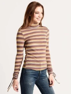 J.O.A. Long Sleeve Ruched Metallic Stripe Top 7 J.O.A. Long Sleeve Ruched Metallic Stripe Top -ST.BERNARD Clothing bc7505 taupestripealt1