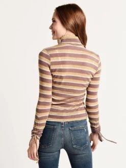 J.O.A. Long Sleeve Ruched Metallic Stripe Top 8 J.O.A. Long Sleeve Ruched Metallic Stripe Top -ST.BERNARD Clothing bc7505 taupestripealt2