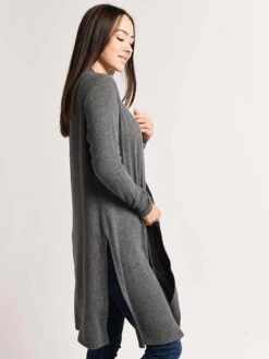 Beyond Yoga High Slit Long Duster Cardigan -ST.BERNARD Clothing bh2116 mid heathergrayalt1