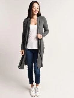 Beyond Yoga High Slit Long Duster Cardigan -ST.BERNARD Clothing bh2116 mid heathergrayalt3