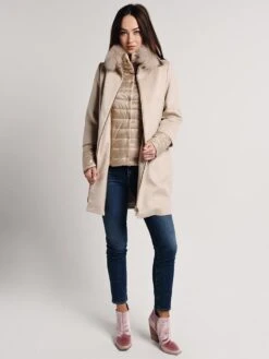 Herno Women's Cashmere Cocoon Coat With Removable Sleeves And Windgaurd Fur Collar -ST.BERNARD Clothing ca0163d 38020 wheatalt2