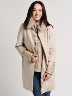 Herno Women's Cashmere Cocoon Coat With Removable Sleeves And Windgaurd Fur Collar -ST.BERNARD Clothing ca0163d 38020 wheatalt3
