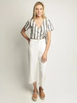 Moon River Wide Leg Pant With Pom Trim -ST.BERNARD Clothing mr3717 ivoryalt1