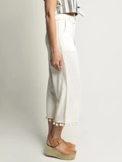 Moon River Wide Leg Pant With Pom Trim -ST.BERNARD Clothing mr3717 ivoryalt2