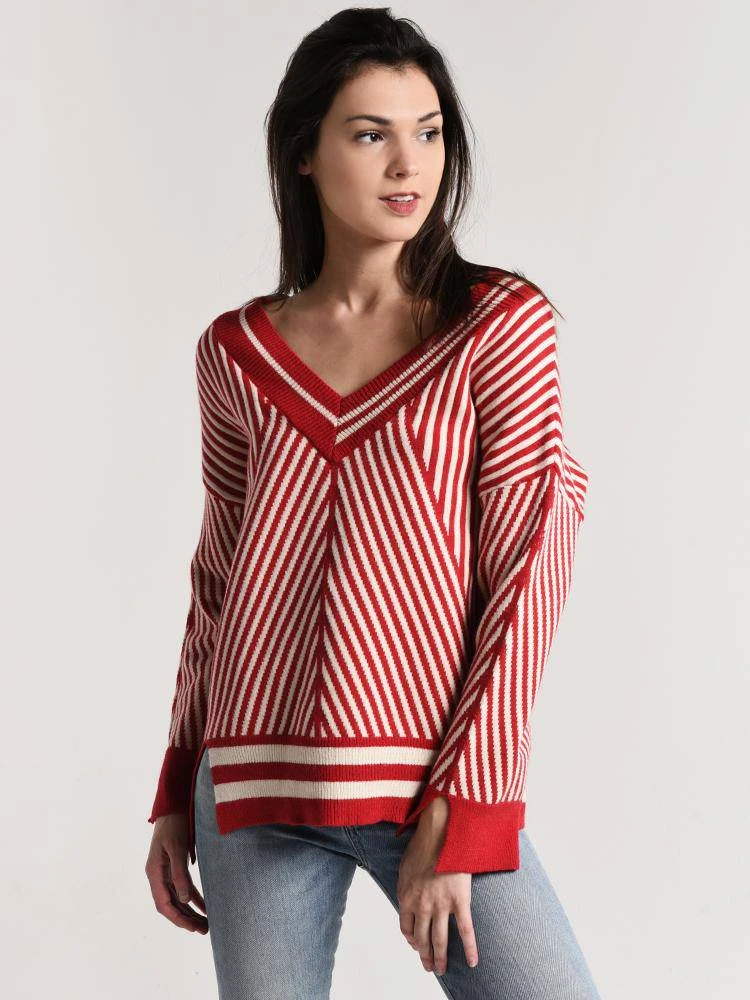 Moon River V-Neck Stripe Sweater 2 Moon River V-Neck Stripe Sweater - Image 2