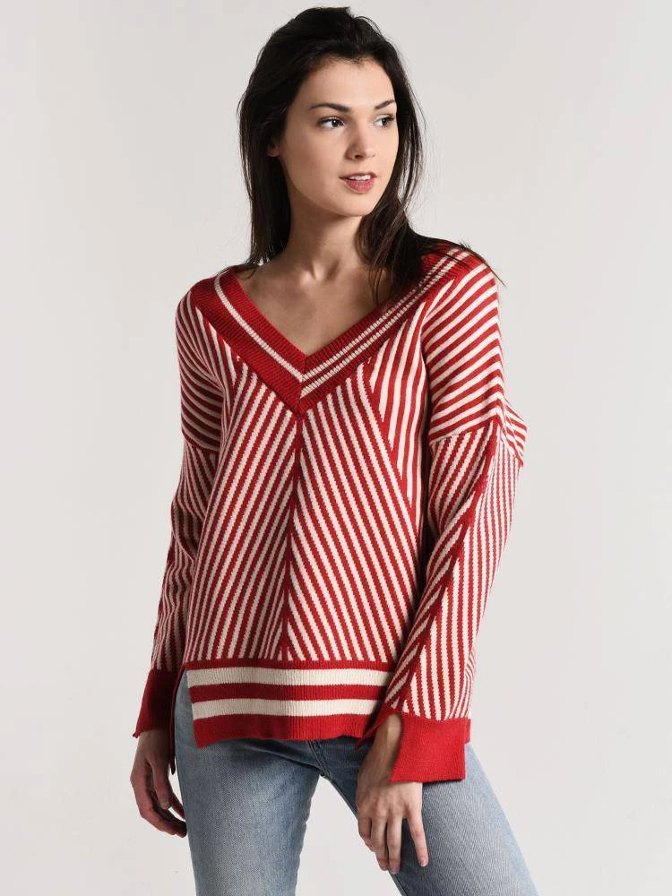 Moon River V-Neck Stripe Sweater 1 Moon River V-Neck Stripe Sweater